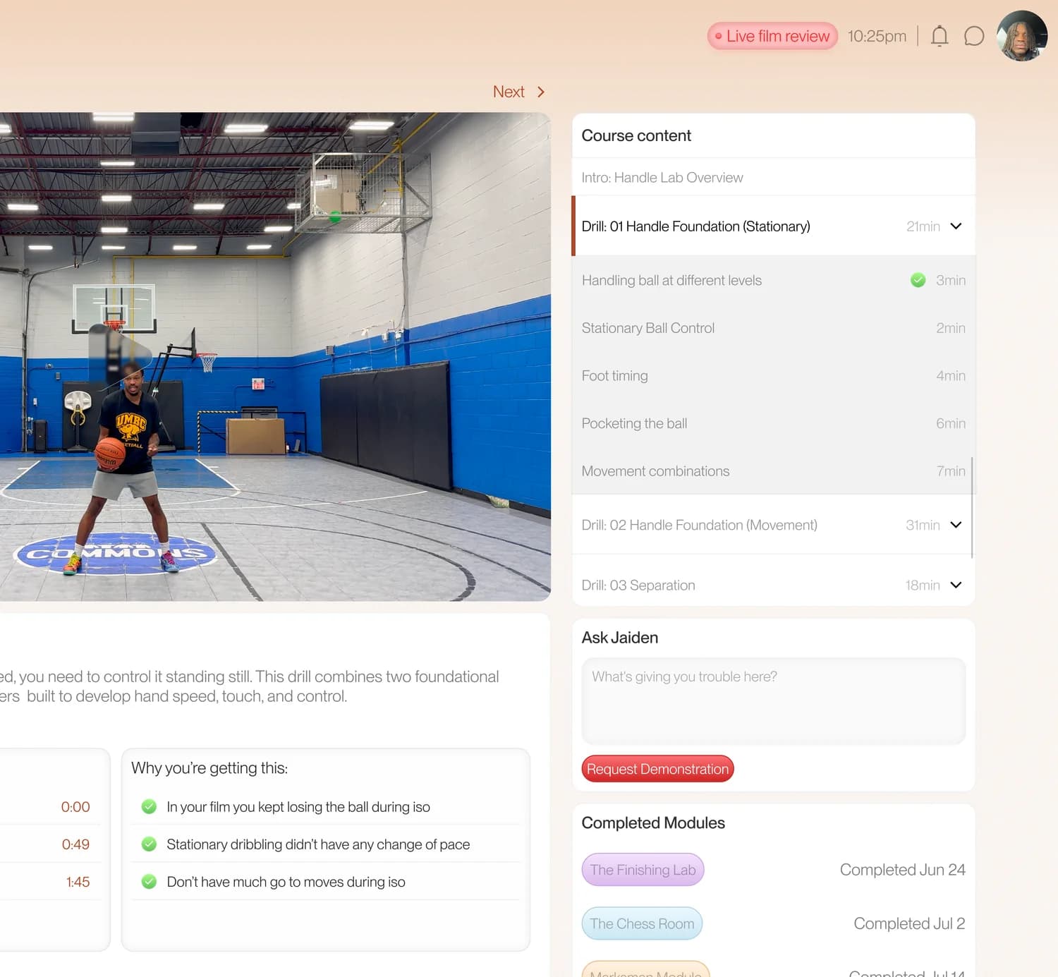 Personalised drill demonstration and training modules in the Think Different Training app